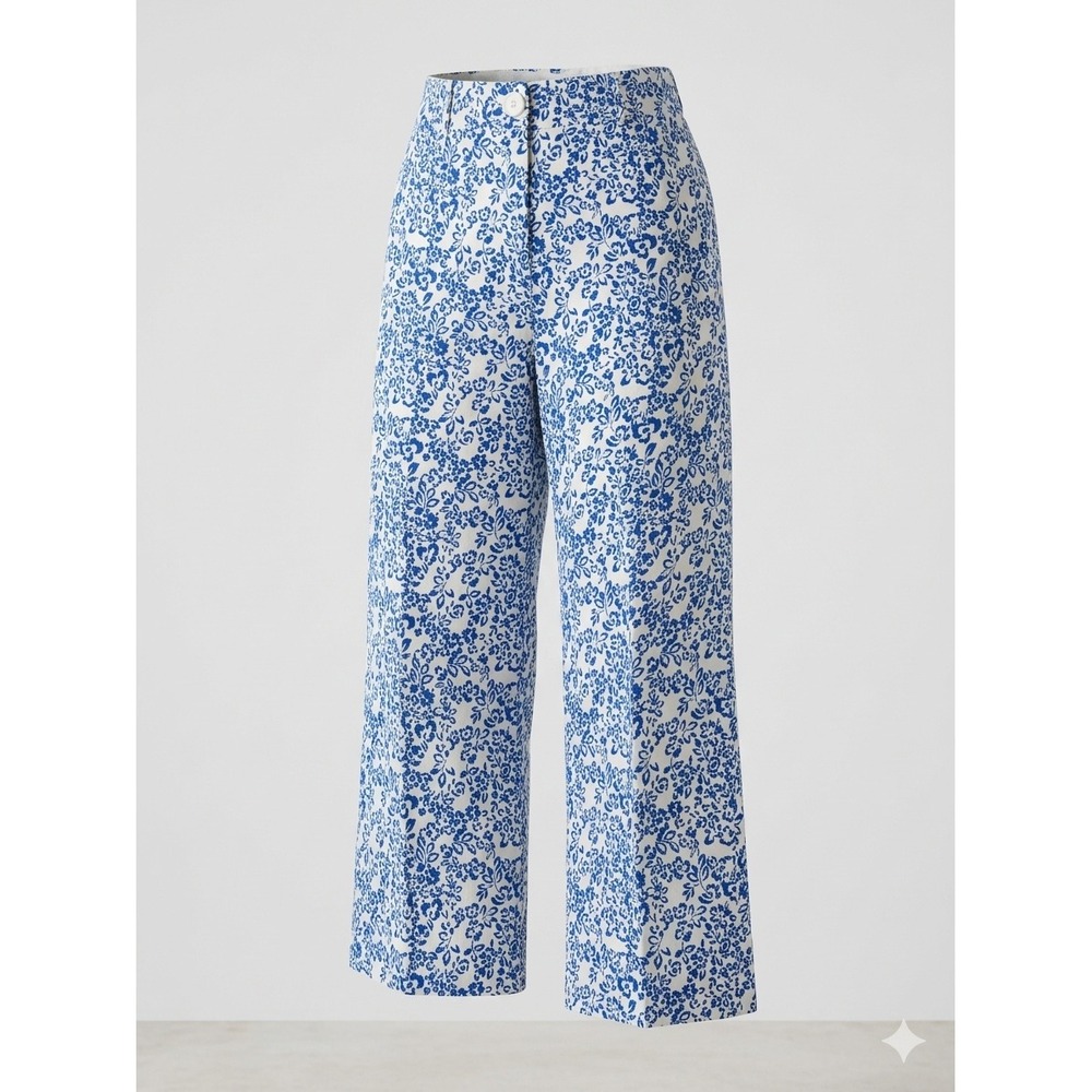 Nautical Blue White‎ Floral Wide Leg Cropped Pants Summer Trouser 31 Waist